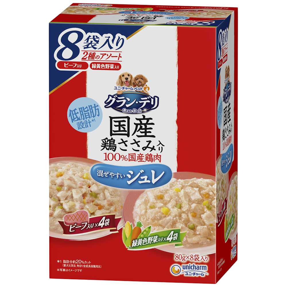 グラン･デリ 国産鶏ささみパウチジュレ成犬用ビーフ&野菜 80g×8袋