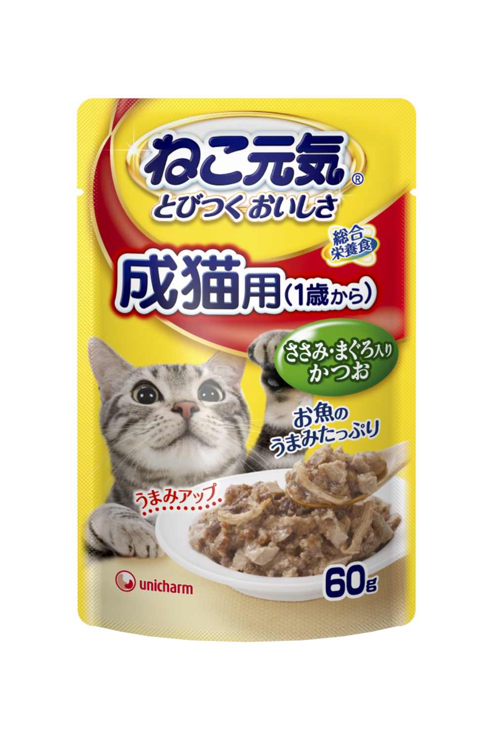 ねこ元気 総合栄養食パウチ成猫用(1歳から)ささみ･まぐろ入りかつお 60g