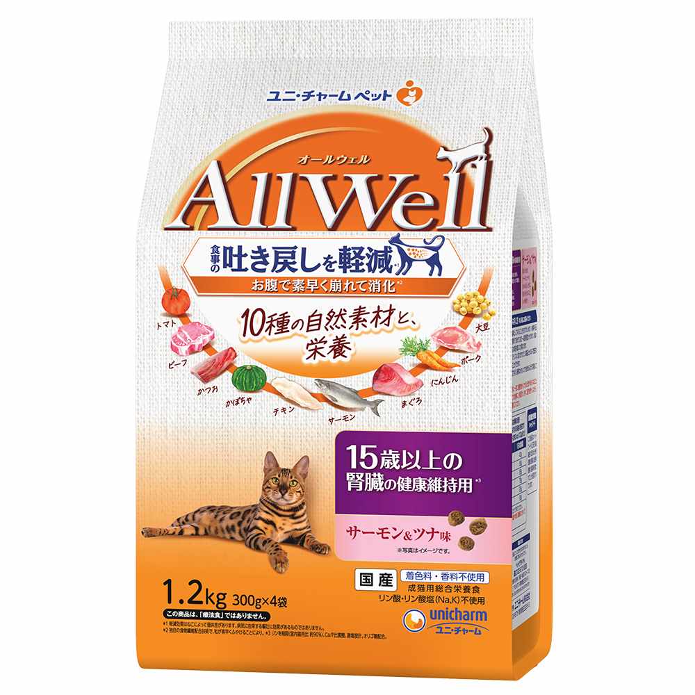 AllWell10種の自然素材15歳以上の腎臓の健康維持用サーモン＆ツナ味 1．2kg