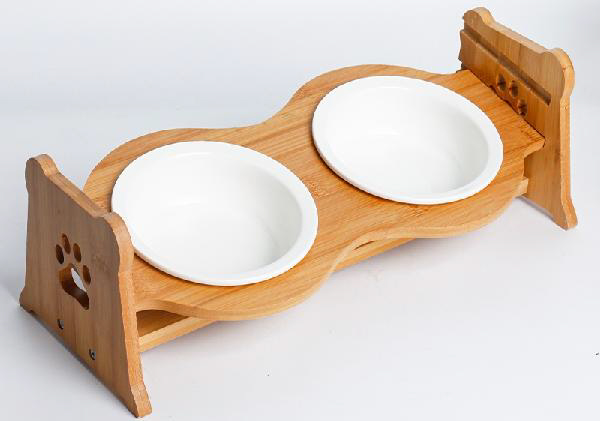 Petifam 陶器製バンブ―スタンド付き ダブルボウル 各色 （ホワイト）
