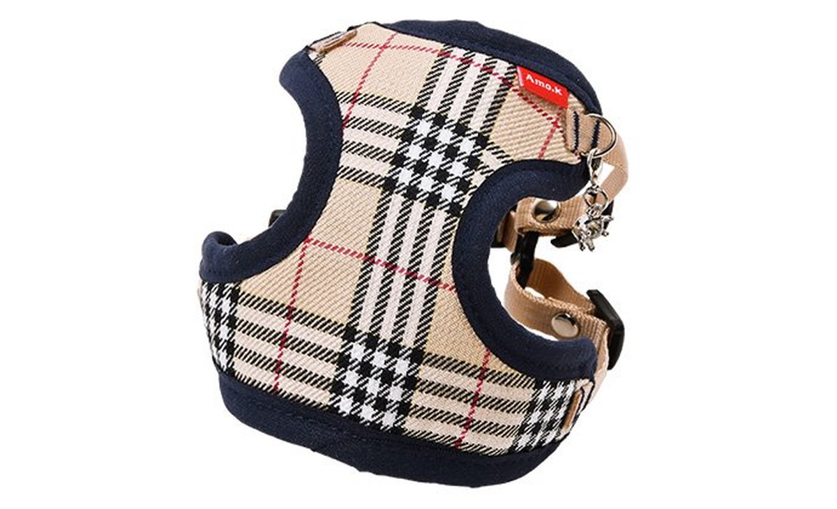 Dog Amo.k ハーネス タータン ダイヤ ベージュ 0号/1号 （ 0号 ）