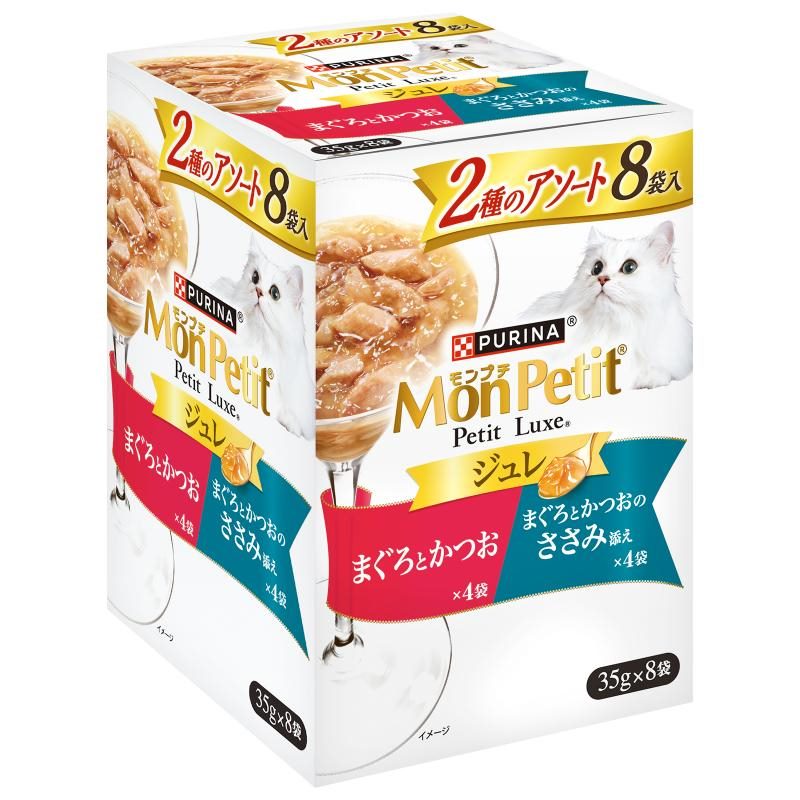 モンプチ　プチリュクスパウチ　ジュレ　2種のアソート　まぐろとかつお＆まぐろとかつおのささみ添え 35g×8P